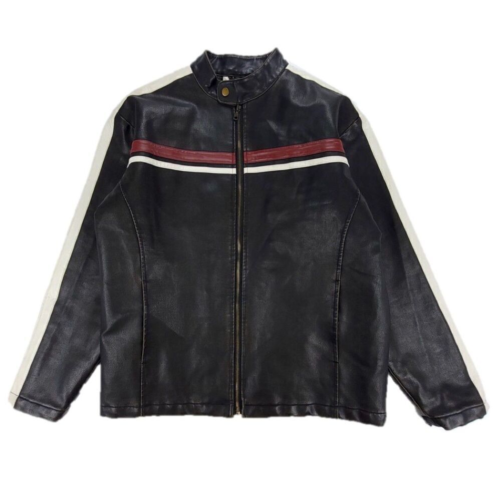 Vintage 90's Brown Cafe Racer Striped Moto Biker PVC Faux Leather Jacket Medium